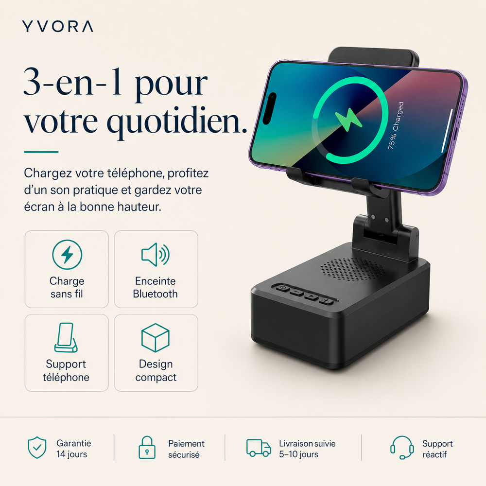 Station 3-en-1 YVORA — Chargeur, Enceinte & Support