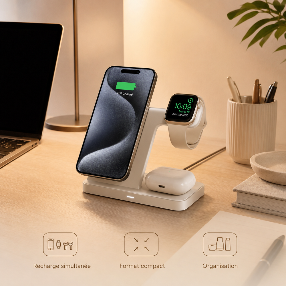 Station 3-en-1 YVORA — Chargeur, Enceinte & Support