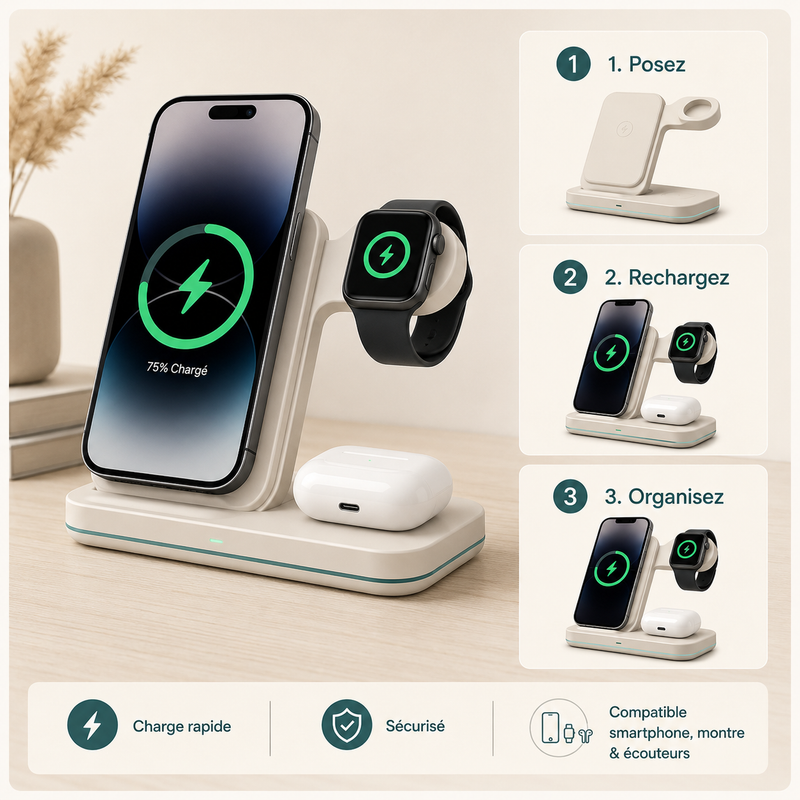 Station 3-en-1 YVORA — Chargeur, Enceinte & Support