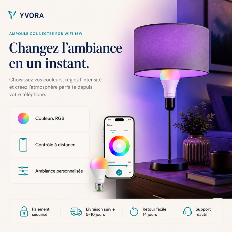 Ampoule Connectée RGB 15W — Contrôle vocal & application