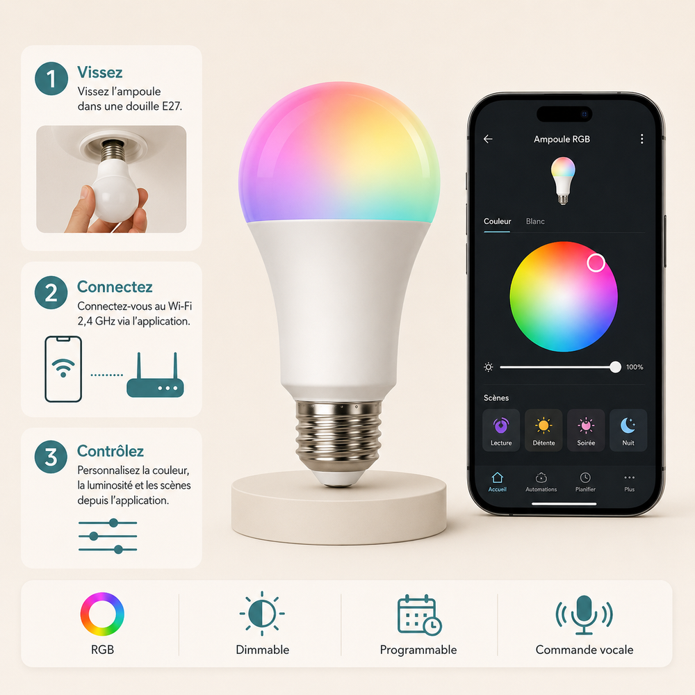 Ampoule Connectée RGB 15W — Contrôle vocal & application