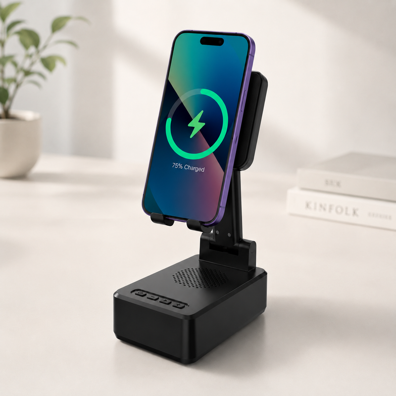 Station 3-en-1 YVORA — Chargeur, Enceinte & Support