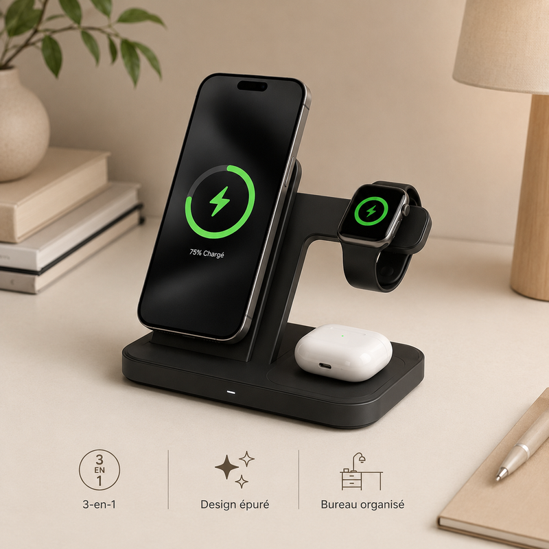 Station 3-en-1 YVORA — Chargeur, Enceinte & Support