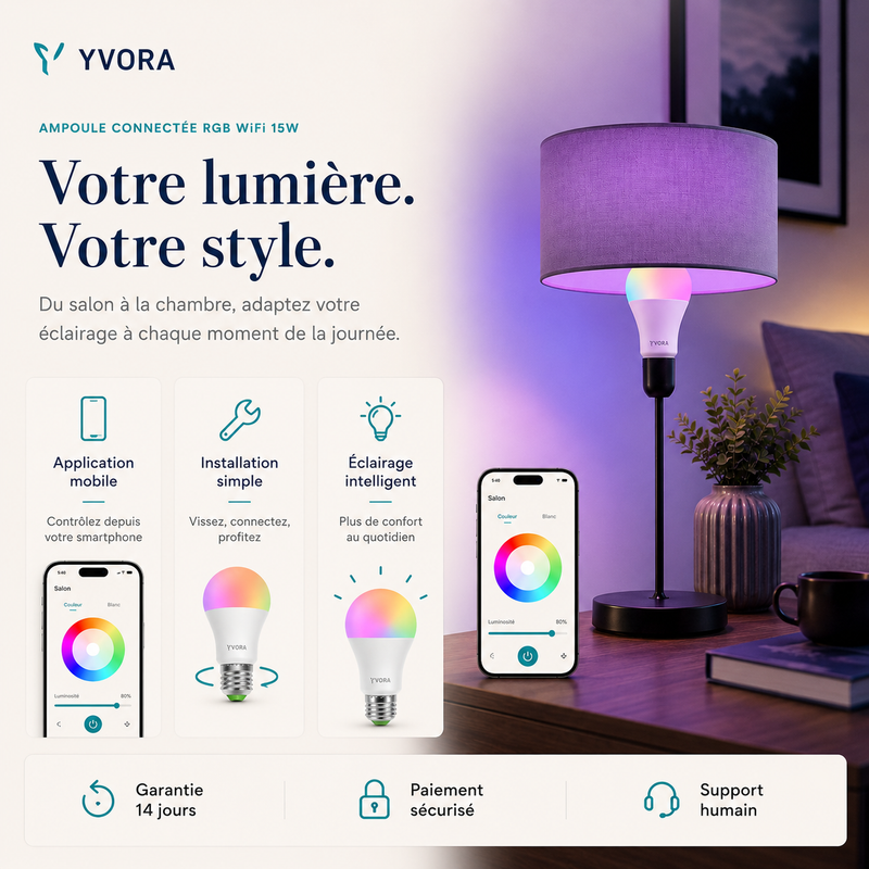 Ampoule Connectée RGB 15W — Contrôle vocal & application