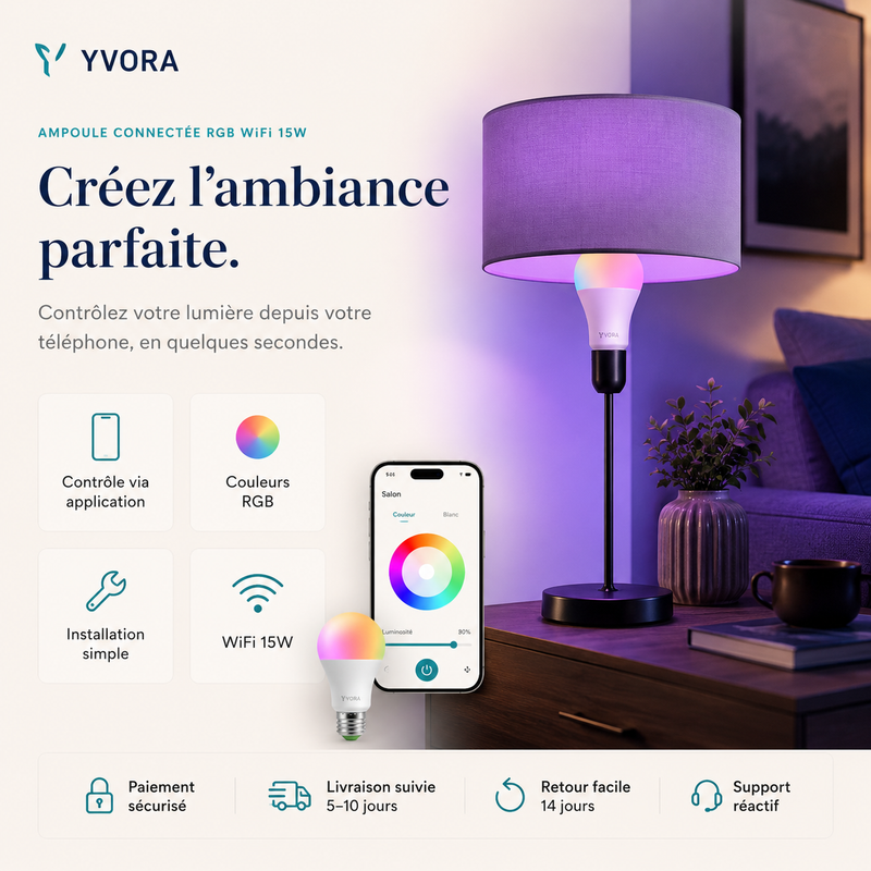 Ampoule Connectée RGB 15W — Contrôle vocal & application