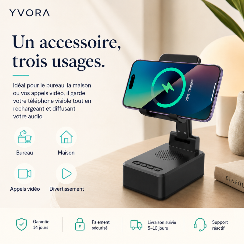 Station 3-en-1 YVORA — Chargeur, Enceinte & Support