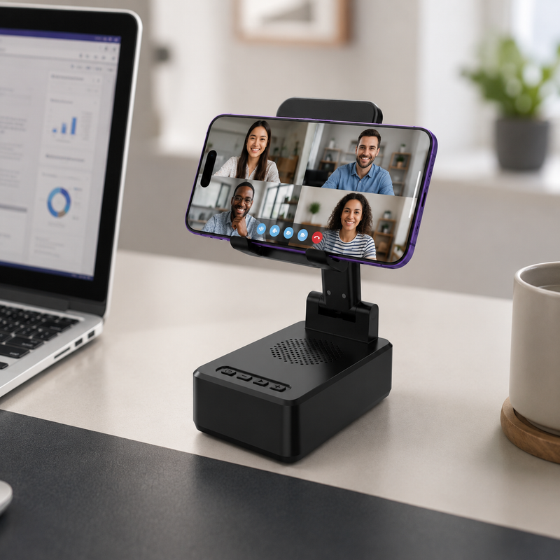 Station 3-en-1 YVORA — Chargeur, Enceinte & Support