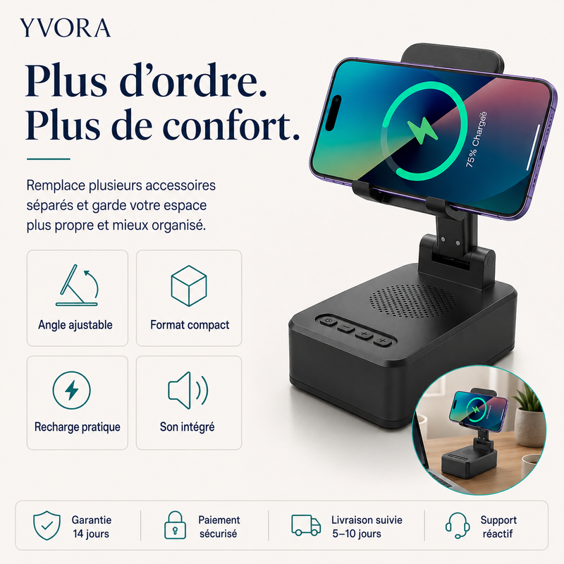 Station 3-en-1 YVORA — Chargeur, Enceinte & Support
