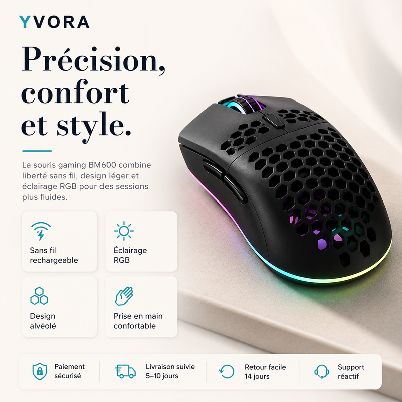 Souris Gaming RGB BM600 — Sans fil, rechargeable