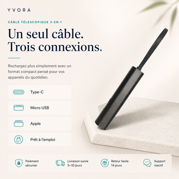 Câble Rétractable 3-en-1 — USB-C, Micro USB & Lightning