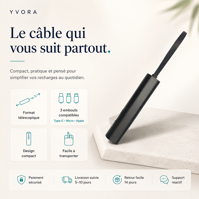 Câble Rétractable 3-en-1 — USB-C, Micro USB & Lightning